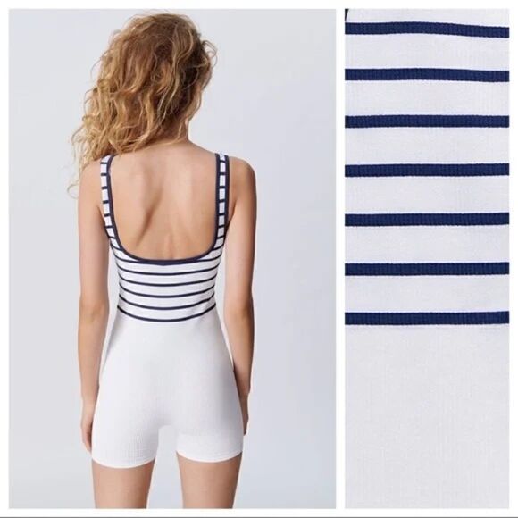 Zara Limitless Contour Strappy Seamless Unitard white with Blue Stripe - Picture 8 of 15